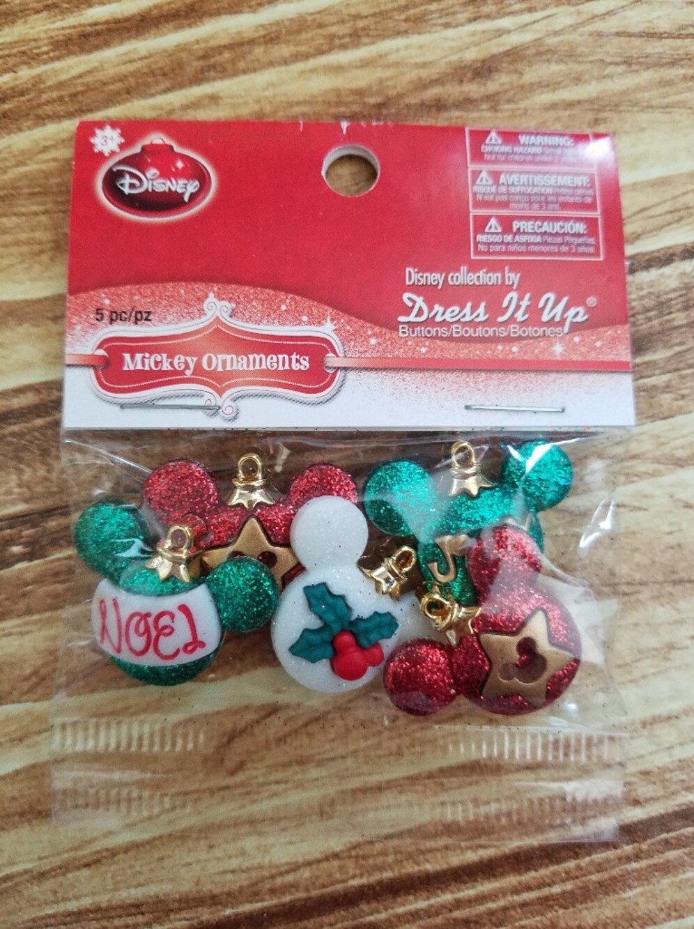 Disney Mickey Ornaments Buttons 6pc Dress It Up Red Glitter Sewing Christmas